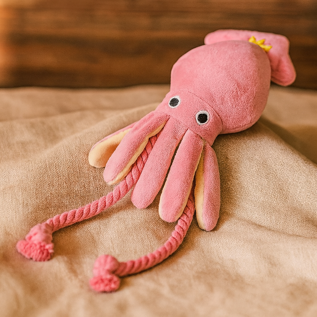 Jouet pour chien en forme de poulpe rose – Peluche adorable avec cordes, idéale pour mâcher, nettoyer les dents et divertir votre chien. Avec un couineur intégré pour encore plus d’amusement.