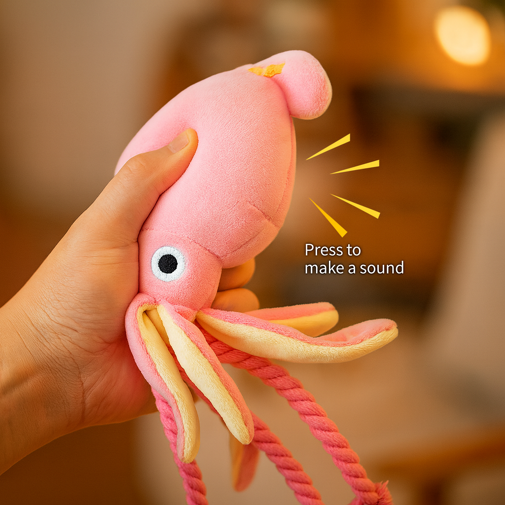 Jouet pour chien en forme de poulpe rose – Peluche adorable avec cordes, idéale pour mâcher, nettoyer les dents et divertir votre chien. Avec un couineur intégré pour encore plus d’amusement.
