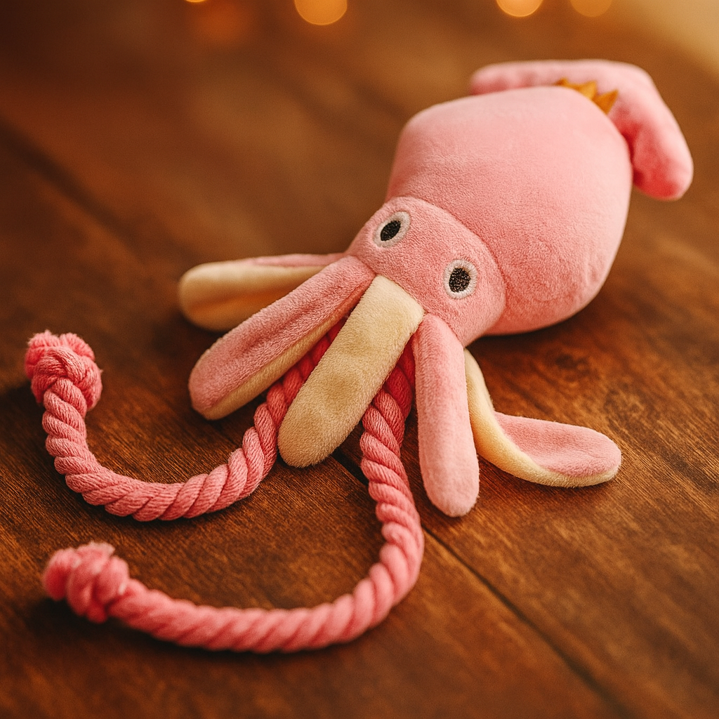 Jouet pour chien en forme de poulpe rose – Peluche adorable avec cordes, idéale pour mâcher, nettoyer les dents et divertir votre chien. Avec un couineur intégré pour encore plus d’amusement.