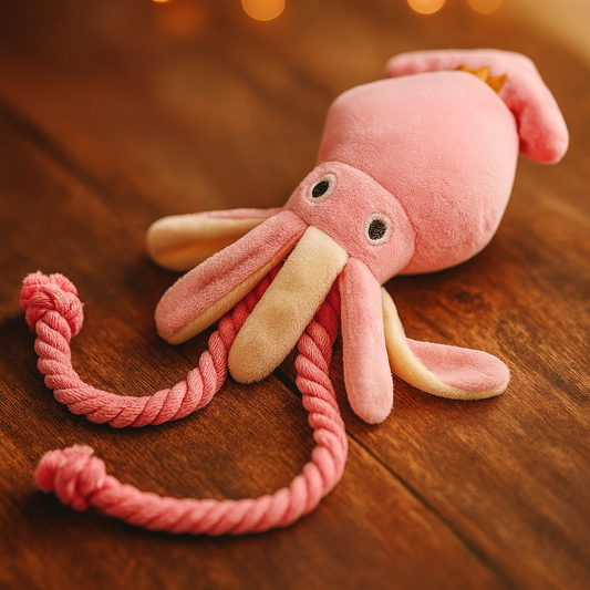 Jouet pour chien en forme de poulpe rose – Peluche adorable avec cordes, idéale pour mâcher, nettoyer les dents et divertir votre chien. Avec un couineur intégré pour encore plus d’amusement.