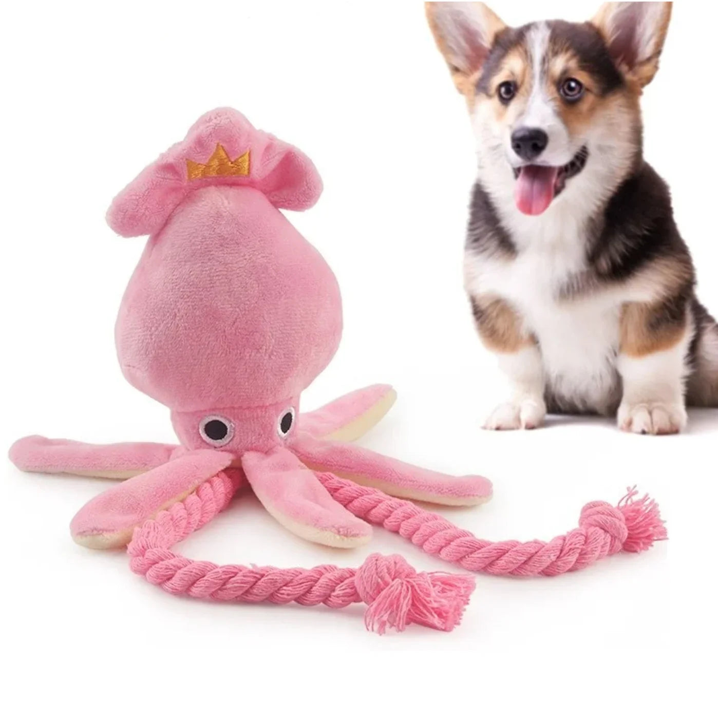 Jouet pour chien en forme de poulpe rose – Peluche adorable avec cordes, idéale pour mâcher, nettoyer les dents et divertir votre chien. Avec un couineur intégré pour encore plus d’amusement.
